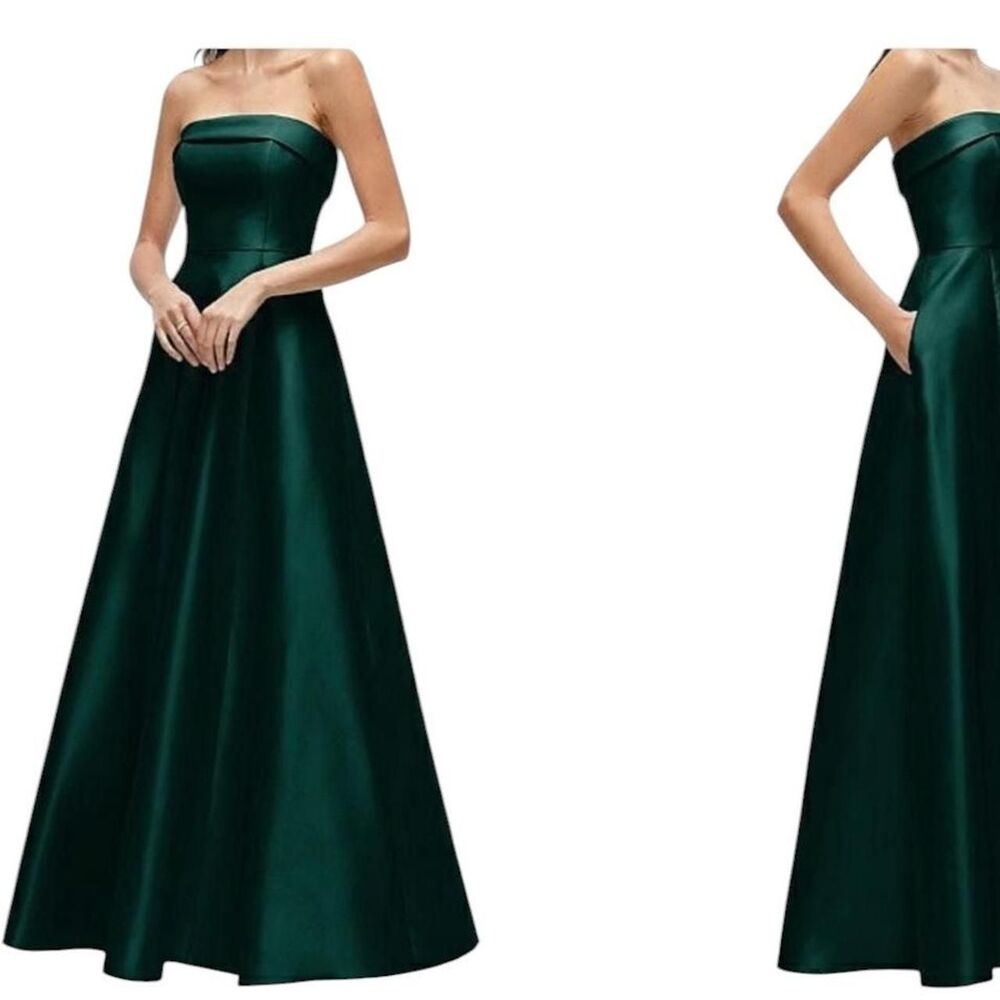 Alfred Sung Sara Strapless Bias Cuff Satin Gown W/Pockets in Evergreen